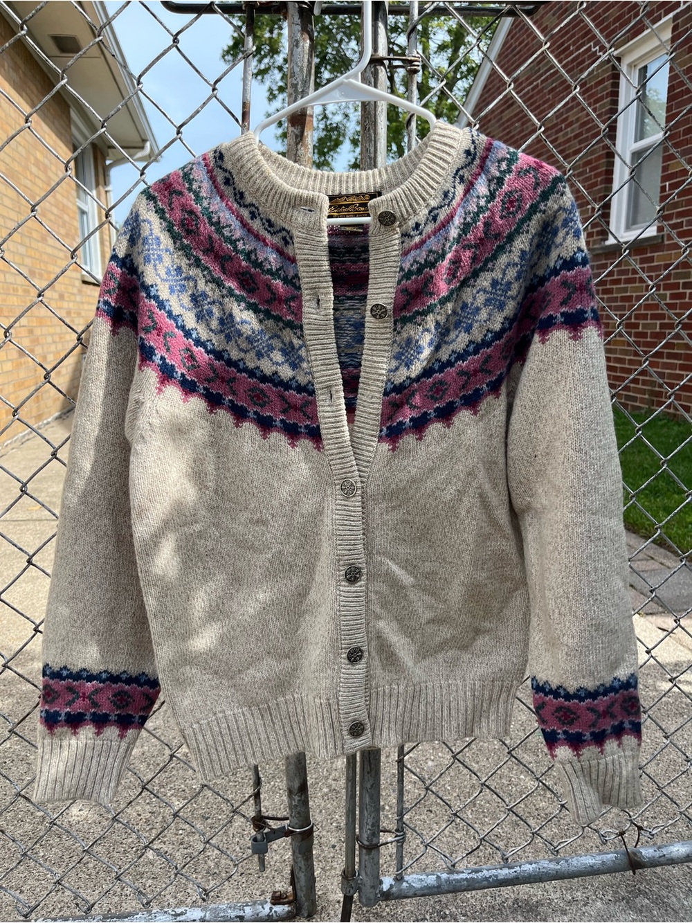 Eddie Bauer Cream Fair Isle Cardigan with Pink & Blue Accents